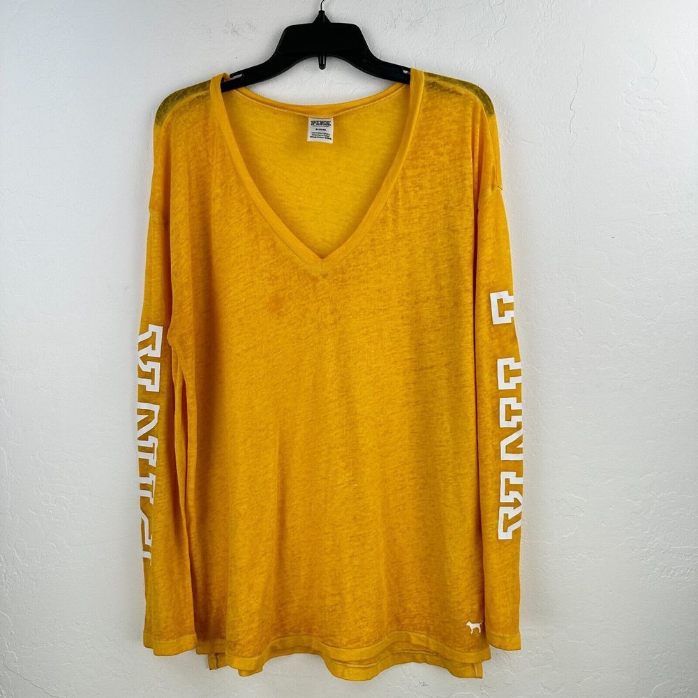 PINK‎ Victoria's Secret shirt Womens M Yellow White Burnout Tee V-neck Logo